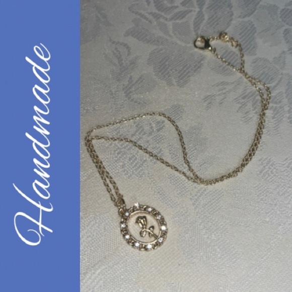 Handmade Gold-Tone Rose Charm Necklace with Crystal Border – 17” Dainty Chain - Picture 1 of 5